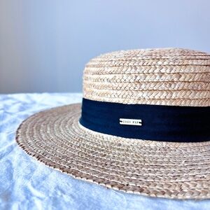 GIGI PIP Faye Short Natural Straw Boater Brim Hat with Black Band
